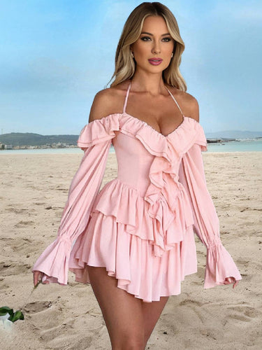 Levoire | Robe Courte À Encolure Bateau Avec Volants, Dos Nu, Manches Larges Et Évasées, Manches Longues, Femmes, Douceur, Vêtements De Loisirs