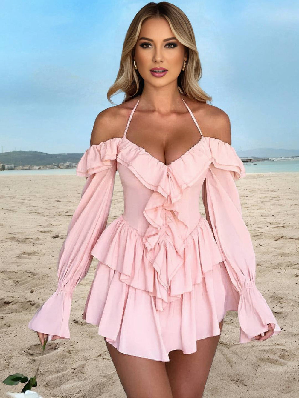Levoire | Robe Courte À Encolure Bateau Avec Volants, Dos Nu, Manches Larges Et Évasées, Manches Longues, Femmes, Douceur, Vêtements De Loisirs