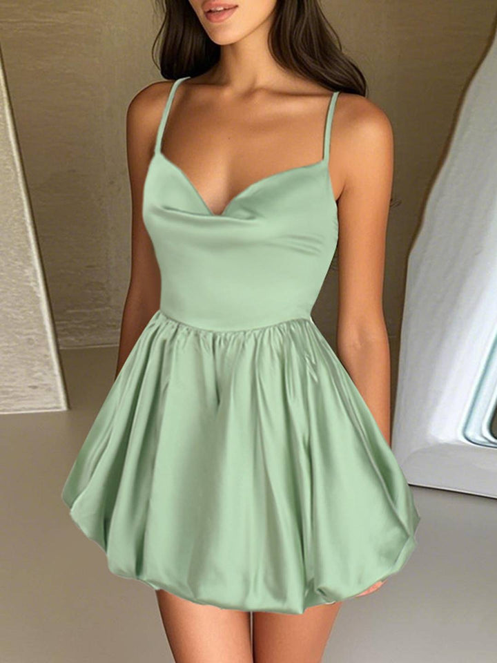 Levoire | Robe Satin Courte Avec Décolleté En V Et Fines Bretelles, Sans Dos, Sans Manches, Femme, Doux, Élégant, Fête, Cocktail, Anniversaire Vert menthe