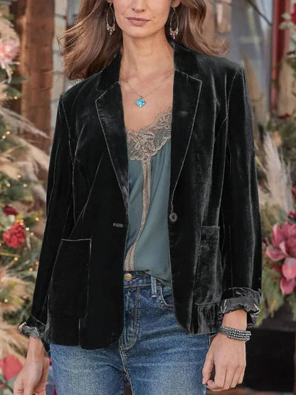 Levoire | Blazer Velours Vintage Boutons Poches Col Revers Femme Vêtements De Loisirs Noir