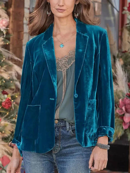 Levoire | Blazer Velours Vintage Boutons Poches Col Revers Femme Vêtements De Loisirs Bleu