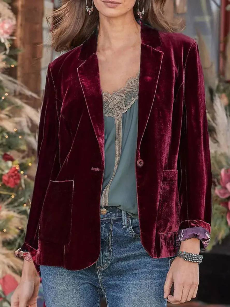 Levoire | Blazer Velours Vintage Boutons Poches Col Revers Femme Vêtements De Loisirs Bordeaux