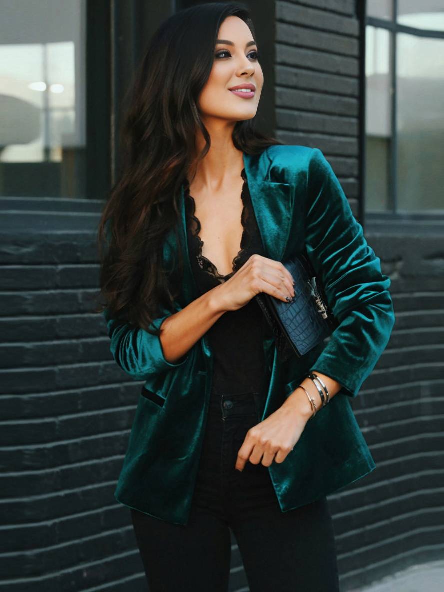 Levoire | Blazer En Velours Avec Revers Élégant Vintage Mode Veste Pour Femmes Vert