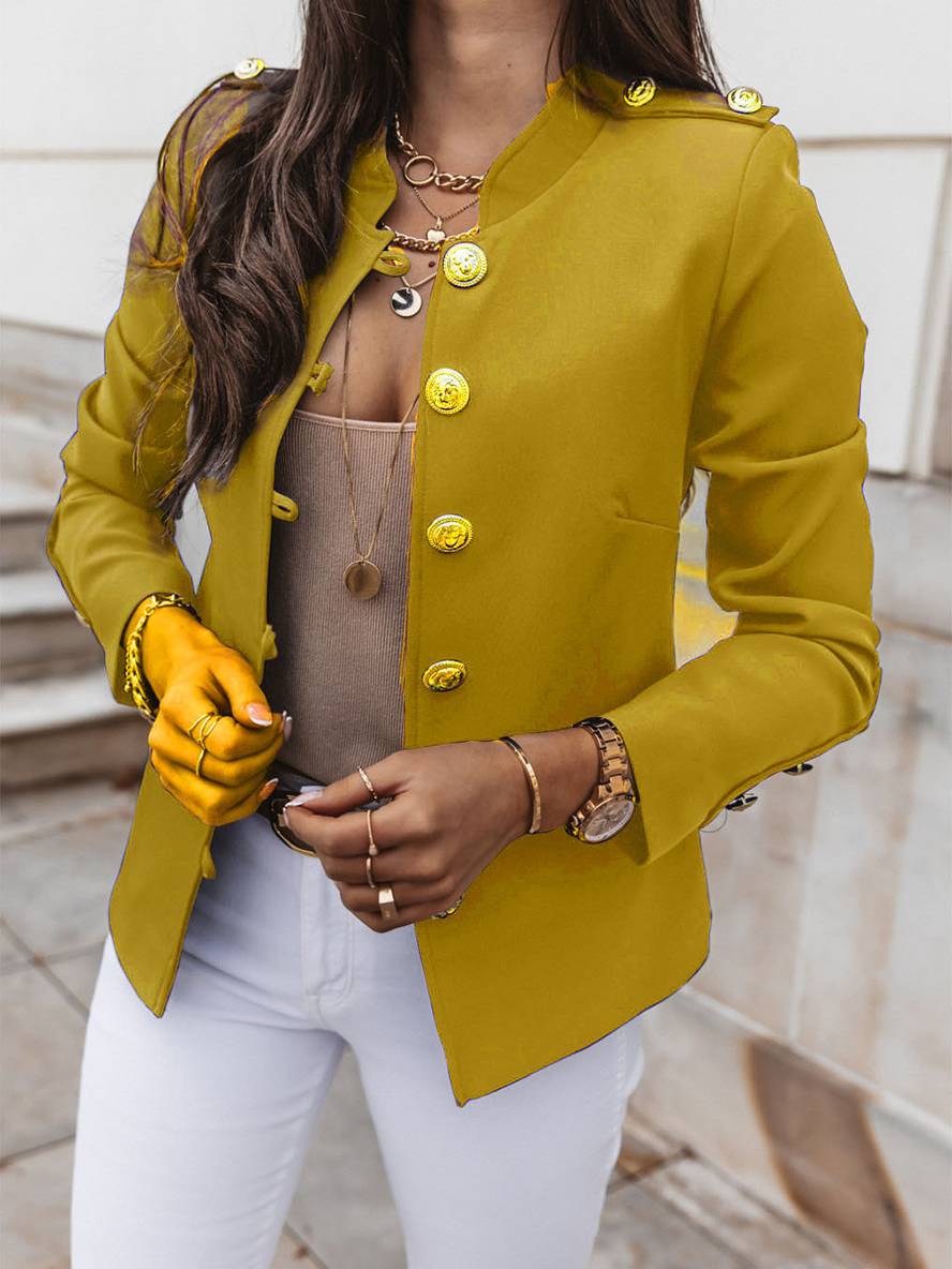 Levoire | Veste De Commandant Courte Avec Col À Boutons Pour Femmes Blazer Élégant Jaune