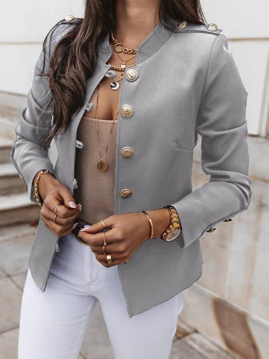 Levoire | Veste De Commandant Courte Avec Col À Boutons Pour Femmes Blazer Élégant Gris