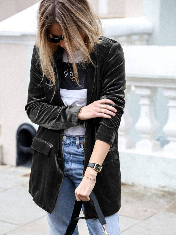 Levoire | Mi-Long Blazer En Velours Boutons Poches Manches Longues Femmes Mode Élégante Veste Noir