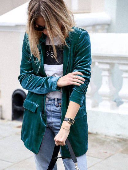 Levoire | Mi-Long Blazer En Velours Boutons Poches Manches Longues Femmes Mode Élégante Veste Vert