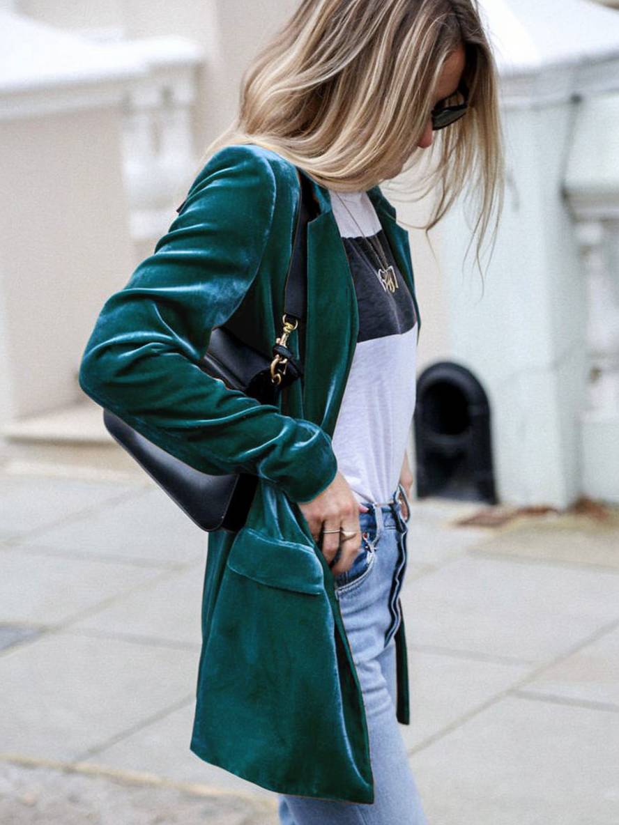 Levoire | Mi-Long Blazer En Velours Boutons Poches Manches Longues Femmes Mode Élégante Veste