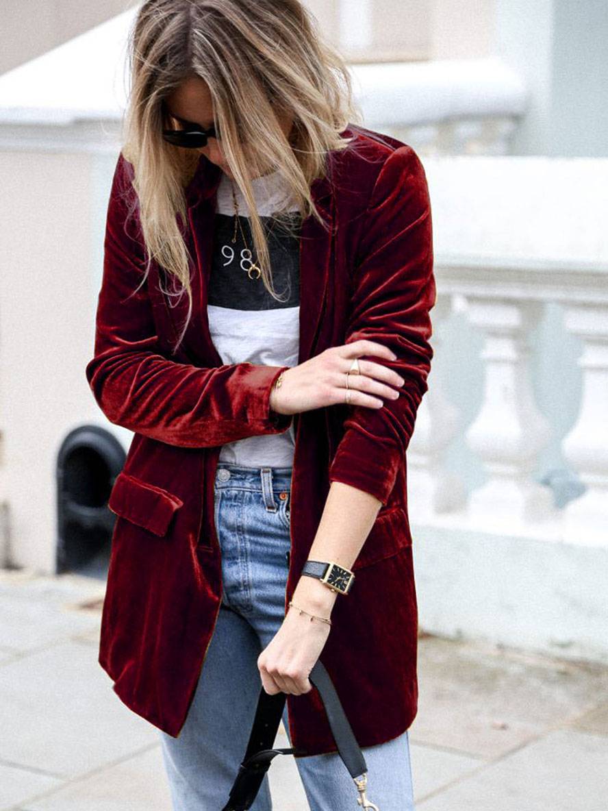 Levoire | Mi-Long Blazer En Velours Boutons Poches Manches Longues Femmes Mode Élégante Veste Bordeaux