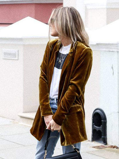Levoire | Mi-Long Blazer En Velours Boutons Poches Manches Longues Femmes Mode Élégante Veste