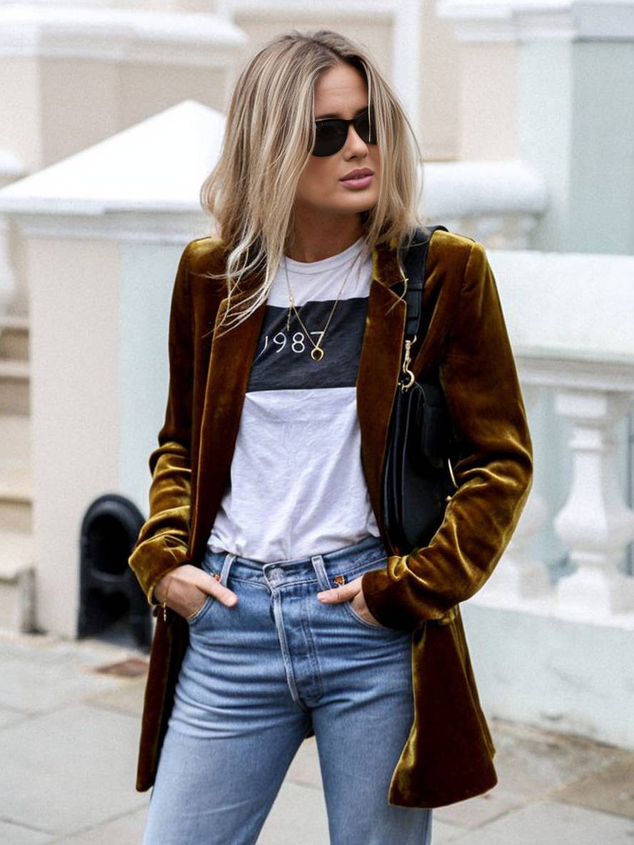 Levoire | Mi-Long Blazer En Velours Boutons Poches Manches Longues Femmes Mode Élégante Veste