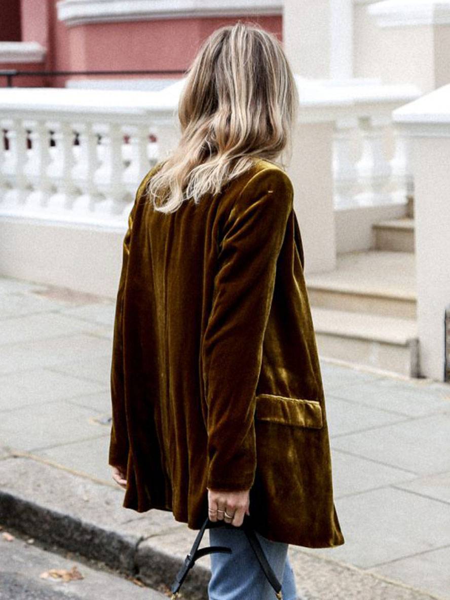 Levoire | Mi-Long Blazer En Velours Boutons Poches Manches Longues Femmes Mode Élégante Veste