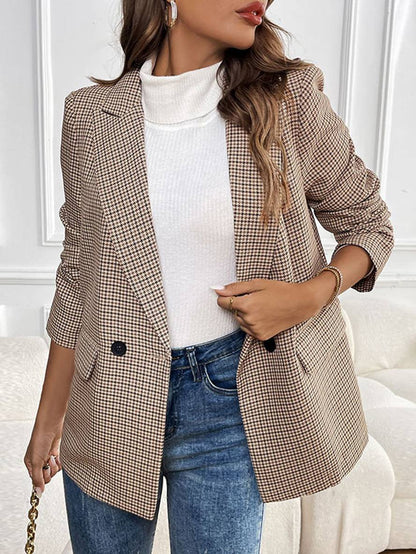 Levoire | Blazer À Motif Écossais Boutons Poches Manches Longues Femme Élégant Décontracté Veste Khaki