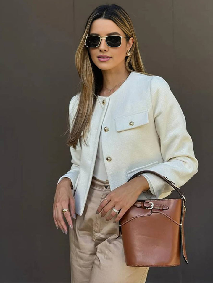Levoire | Blazer Court En Tweed Avec Boutons Poches En Col Rond Manches Longues Femmes Élégant Décontracté Mode