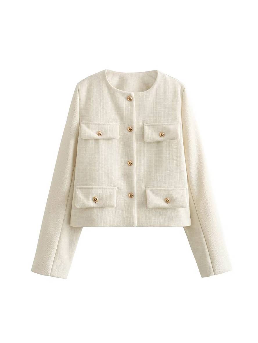 Levoire | Blazer Court En Tweed Avec Boutons Poches En Col Rond Manches Longues Femmes Élégant Décontracté Mode