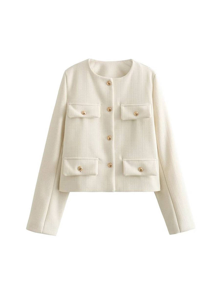 Levoire | Blazer Court En Tweed Avec Boutons Poches En Col Rond Manches Longues Femmes Élégant Décontracté Mode
