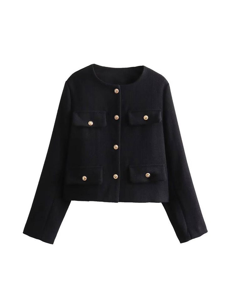Levoire | Blazer Court En Tweed Avec Boutons Poches En Col Rond Manches Longues Femmes Élégant Décontracté Mode Noir