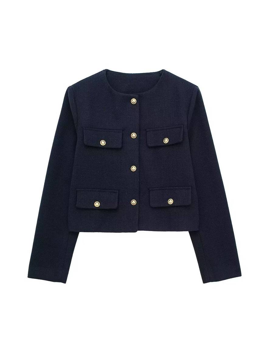 Levoire | Blazer Court En Tweed Avec Boutons Poches En Col Rond Manches Longues Femmes Élégant Décontracté Mode Marine