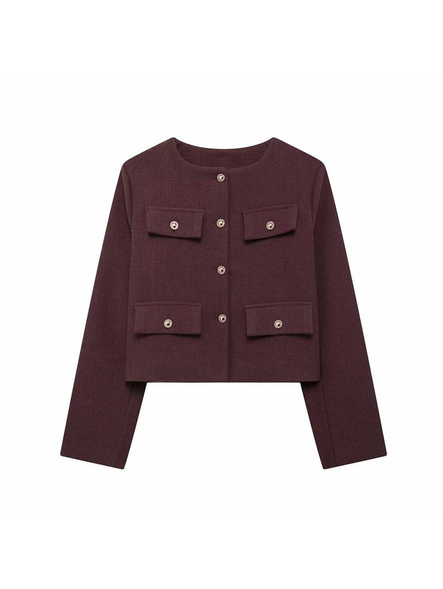 Levoire | Blazer Court En Tweed Avec Boutons Poches En Col Rond Manches Longues Femmes Élégant Décontracté Mode Bordeaux