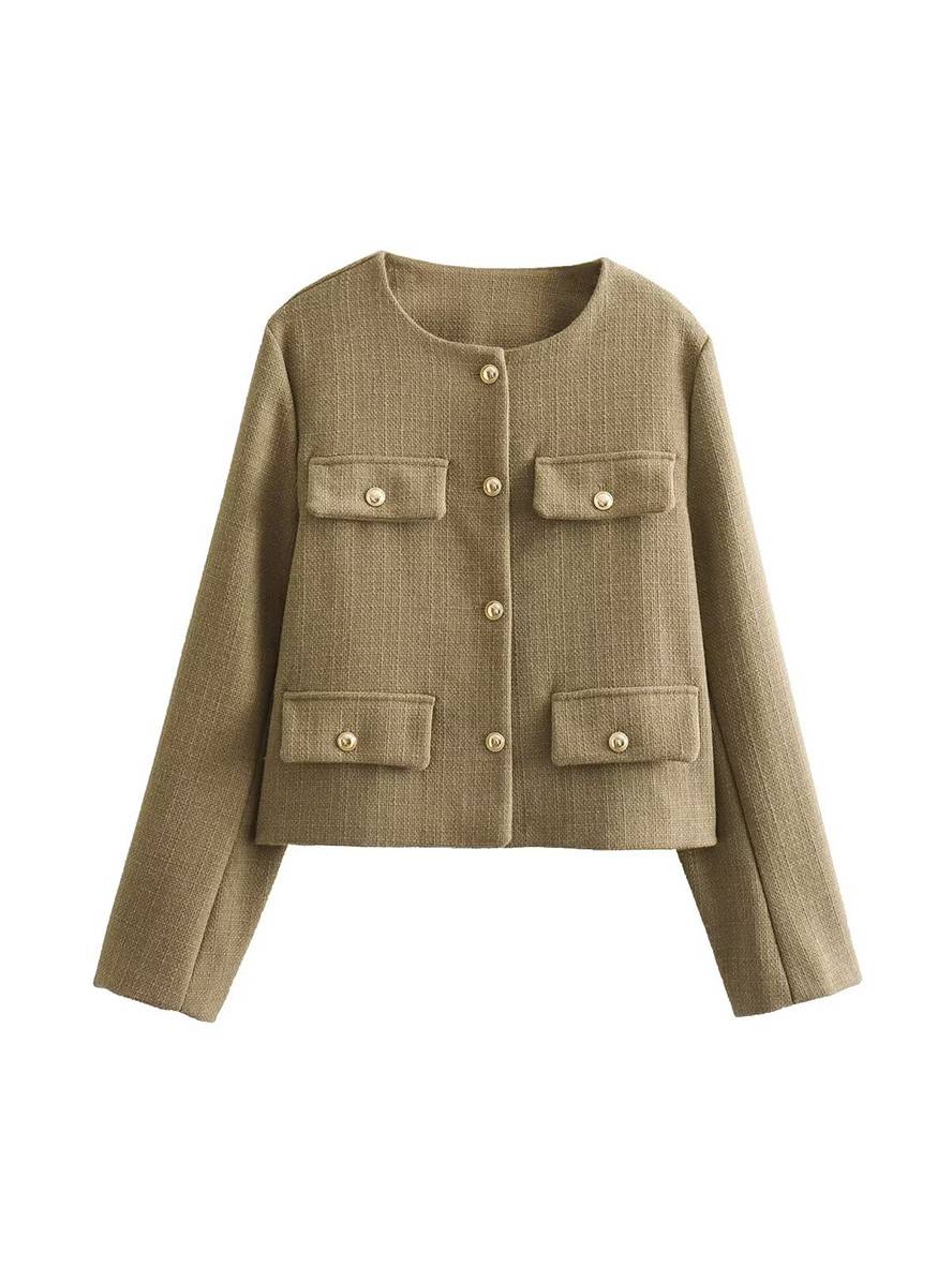 Levoire | Blazer Court En Tweed Avec Boutons Poches En Col Rond Manches Longues Femmes Élégant Décontracté Mode