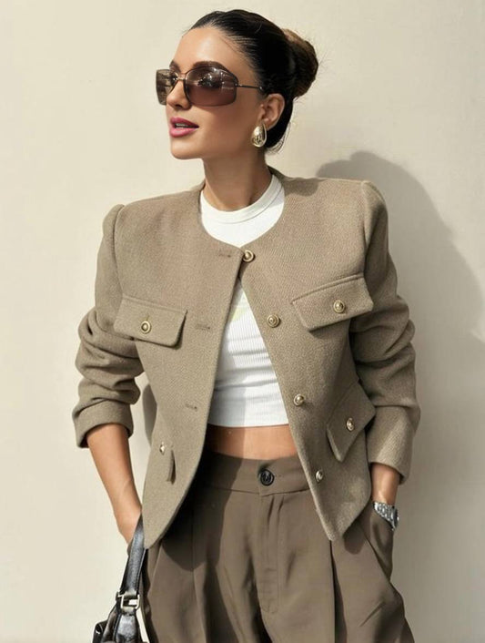 Levoire | Blazer Court En Tweed Avec Boutons Poches En Col Rond Manches Longues Femmes Élégant Décontracté Mode