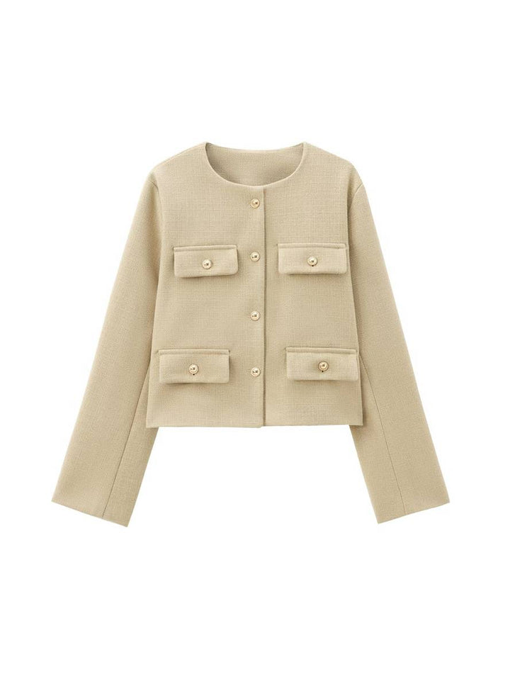 Levoire | Blazer Court En Tweed Avec Boutons Poches En Col Rond Manches Longues Femmes Élégant Décontracté Mode Abricot