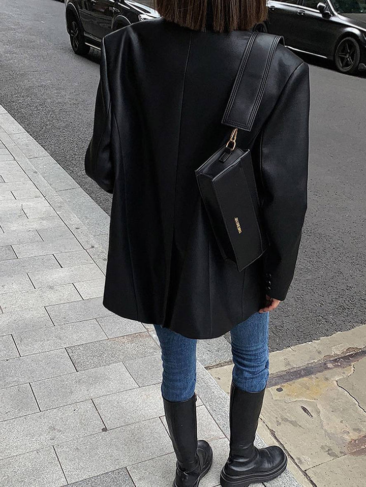 Levoire | Blazer Cuir Synthétique Boutons Poches Manches Longues Femme Élégant Décontracté Lâche Manteau