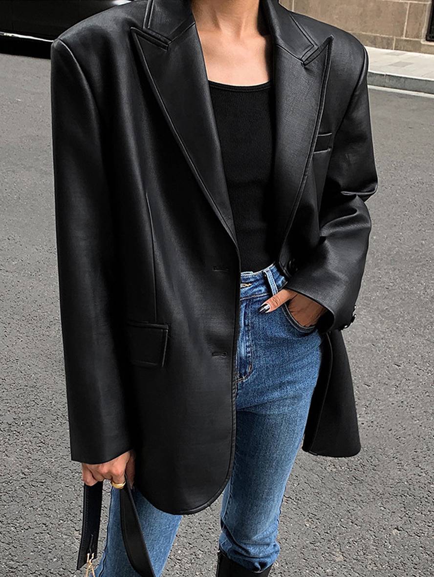 Levoire | Blazer Cuir Synthétique Boutons Poches Manches Longues Femme Élégant Décontracté Lâche Manteau