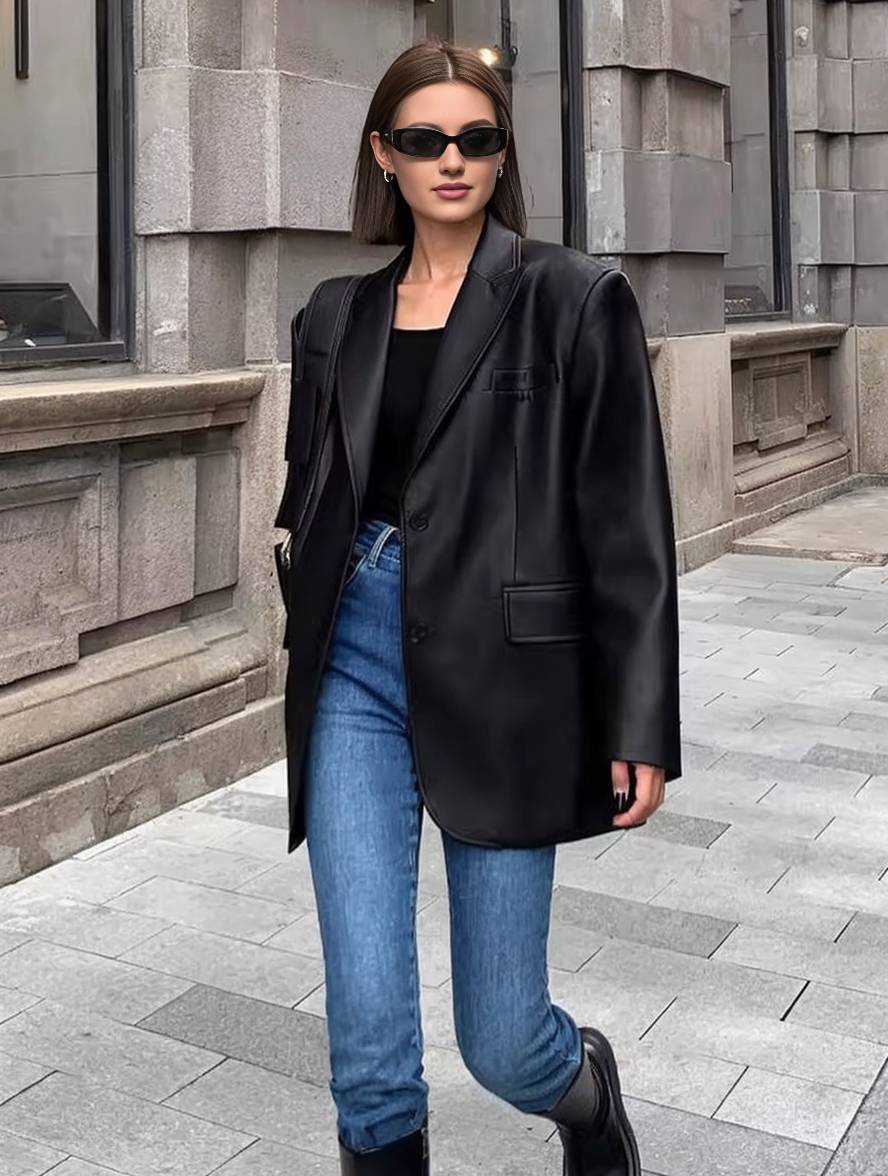 Levoire | Blazer Cuir Synthétique Boutons Poches Manches Longues Femme Élégant Décontracté Lâche Manteau