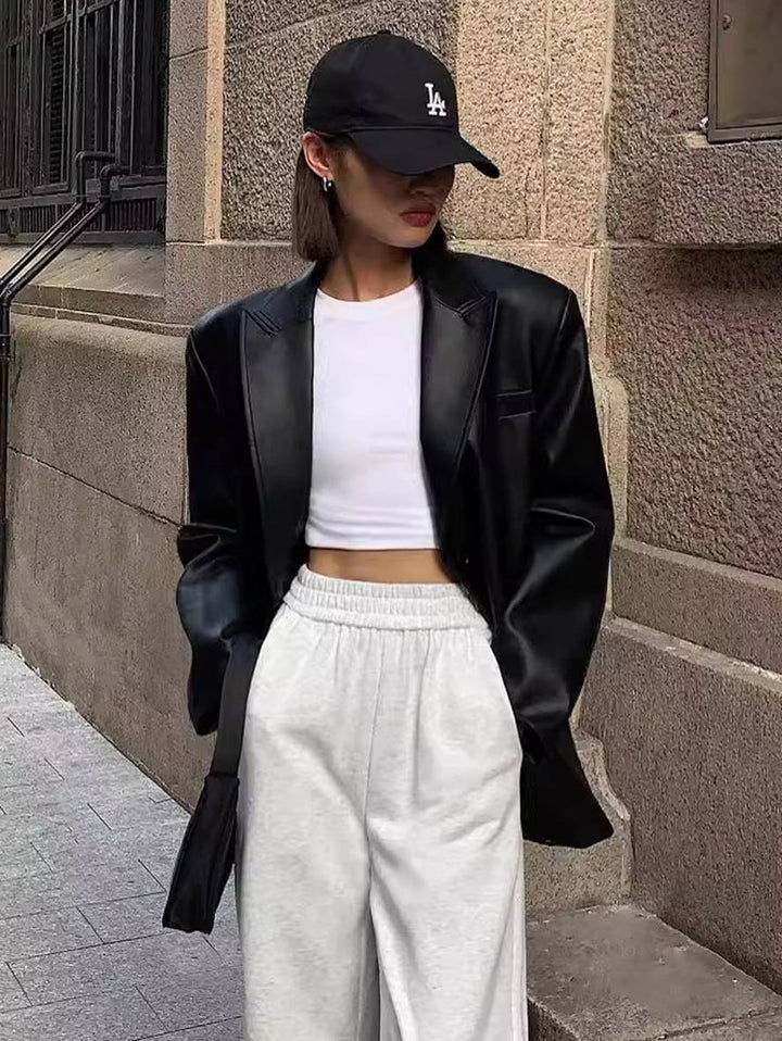 Levoire | Blazer Cuir Synthétique Boutons Poches Manches Longues Femme Élégant Décontracté Lâche Manteau