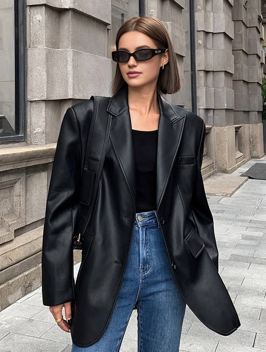 Levoire | Blazer Cuir Synthétique Boutons Poches Manches Longues Femme Élégant Décontracté Lâche Manteau