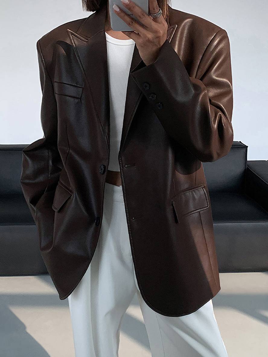 Levoire | Blazer Cuir Synthétique Boutons Poches Manches Longues Femme Élégant Décontracté Lâche Manteau