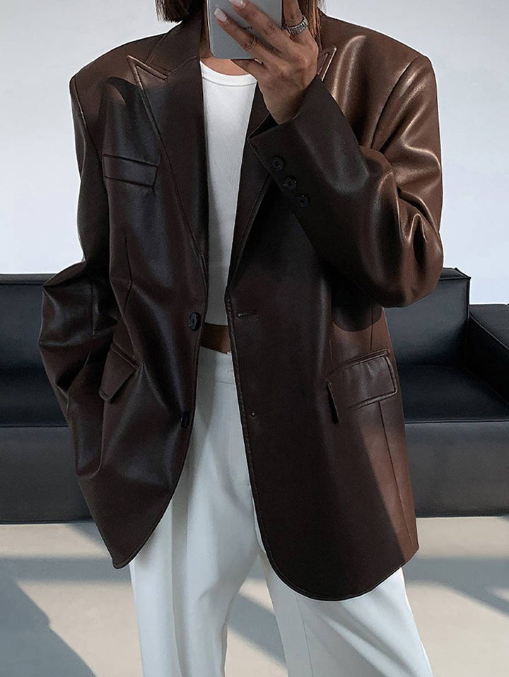 Levoire | Blazer Cuir Synthétique Boutons Poches Manches Longues Femme Élégant Décontracté Lâche Manteau