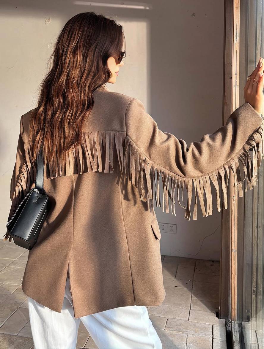 Levoire | Blazer Unicolore À Franges Bouton Poches Manches Longues Pour Femmes Élégant Décontracté Ample Veste Chameau