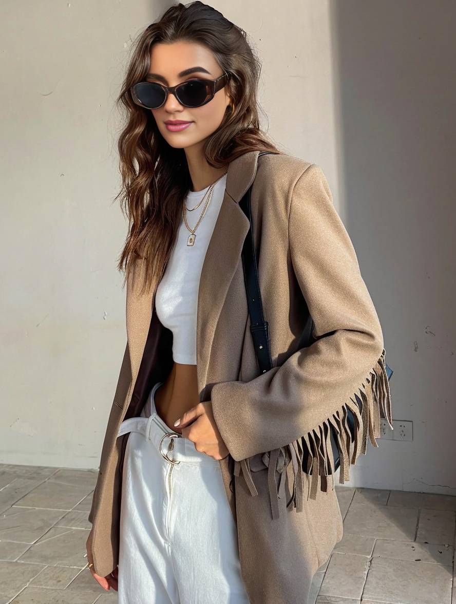 Levoire | Blazer Unicolore À Franges Bouton Poches Manches Longues Pour Femmes Élégant Décontracté Ample Veste