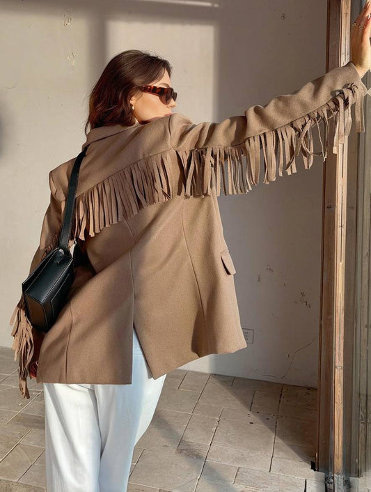 Levoire | Blazer Unicolore À Franges Bouton Poches Manches Longues Pour Femmes Élégant Décontracté Ample Veste