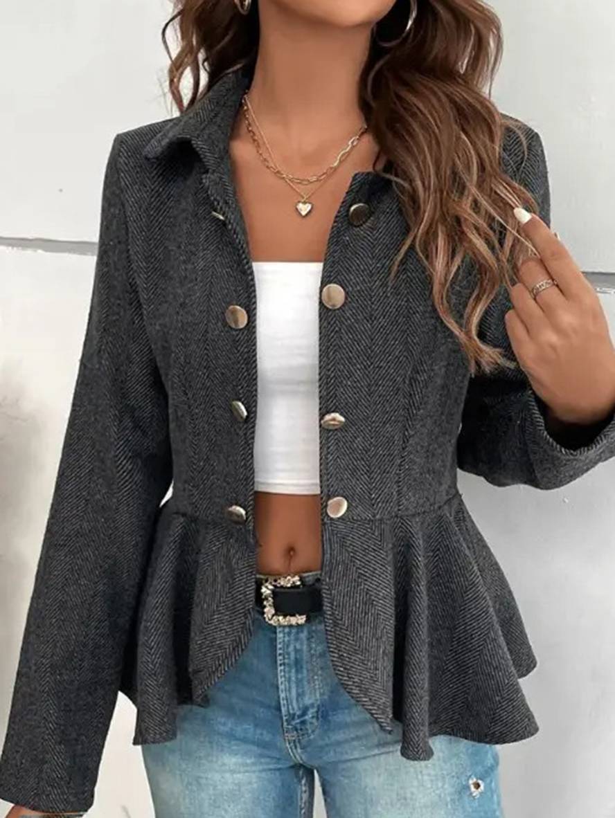 Levoire | Blazer Court En Chevron Peplum À Double Bouton Fermeture, Col Revers, Manches Longues, Femme, Élégant, Décontracté, Veste Noir