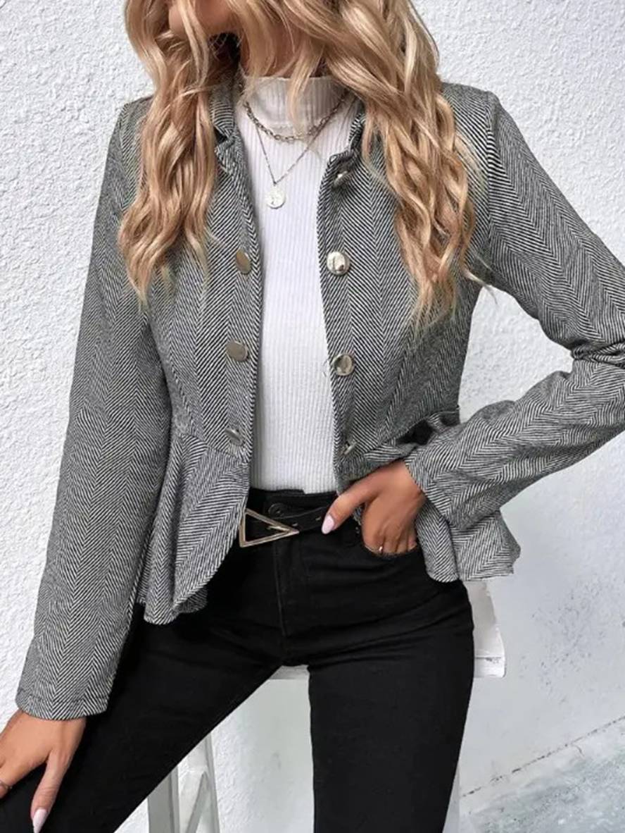 Levoire | Blazer Court En Chevron Peplum À Double Bouton Fermeture, Col Revers, Manches Longues, Femme, Élégant, Décontracté, Veste Gris