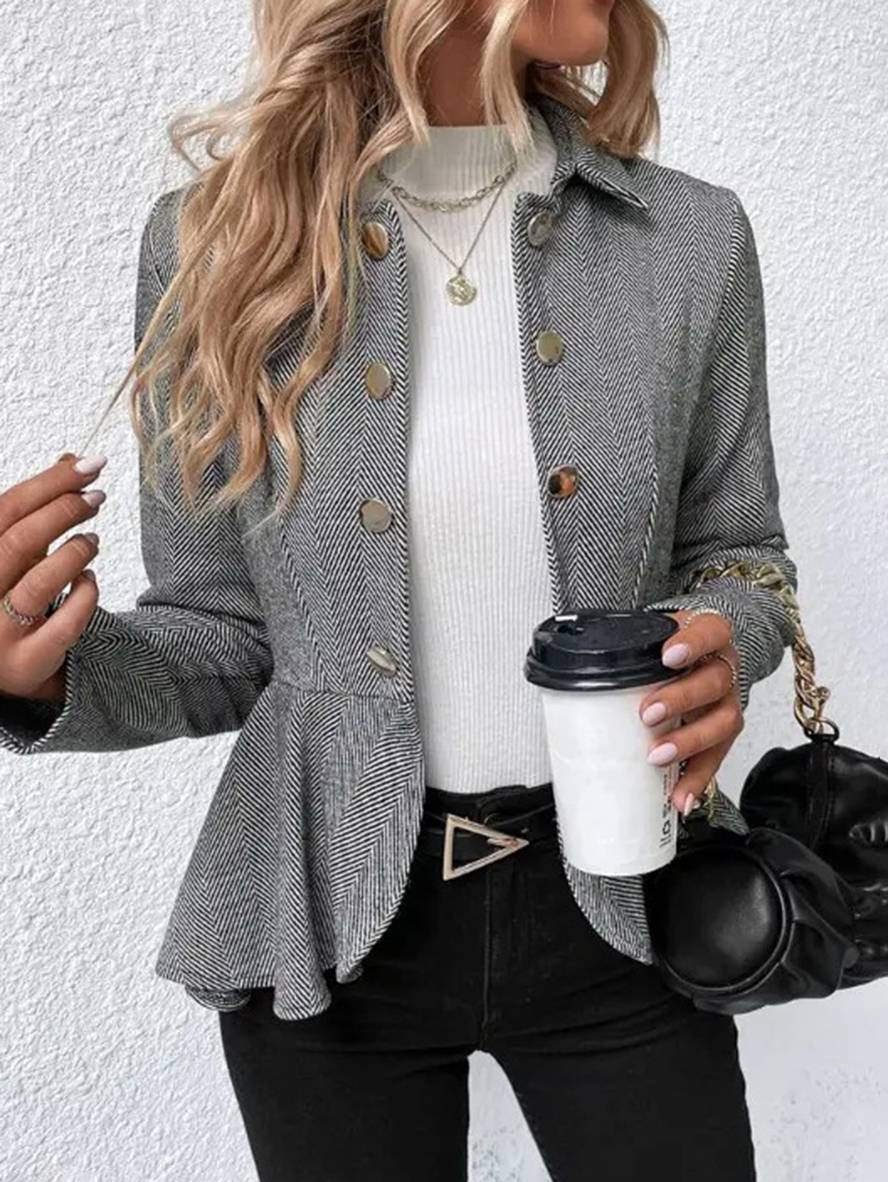 Levoire | Blazer Court En Chevron Peplum À Double Bouton Fermeture, Col Revers, Manches Longues, Femme, Élégant, Décontracté, Veste