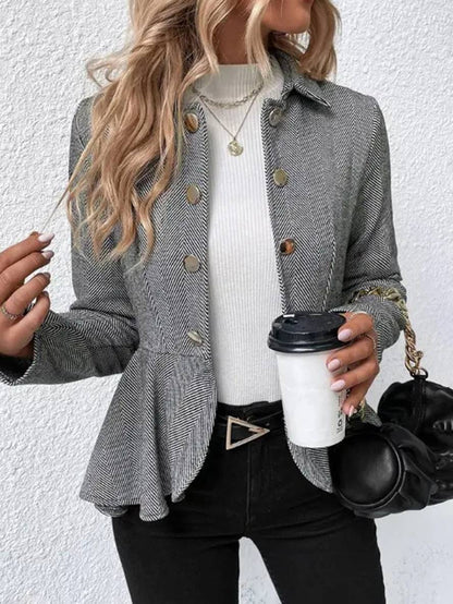 Levoire | Blazer Court En Chevron Peplum À Double Bouton Fermeture, Col Revers, Manches Longues, Femme, Élégant, Décontracté, Veste