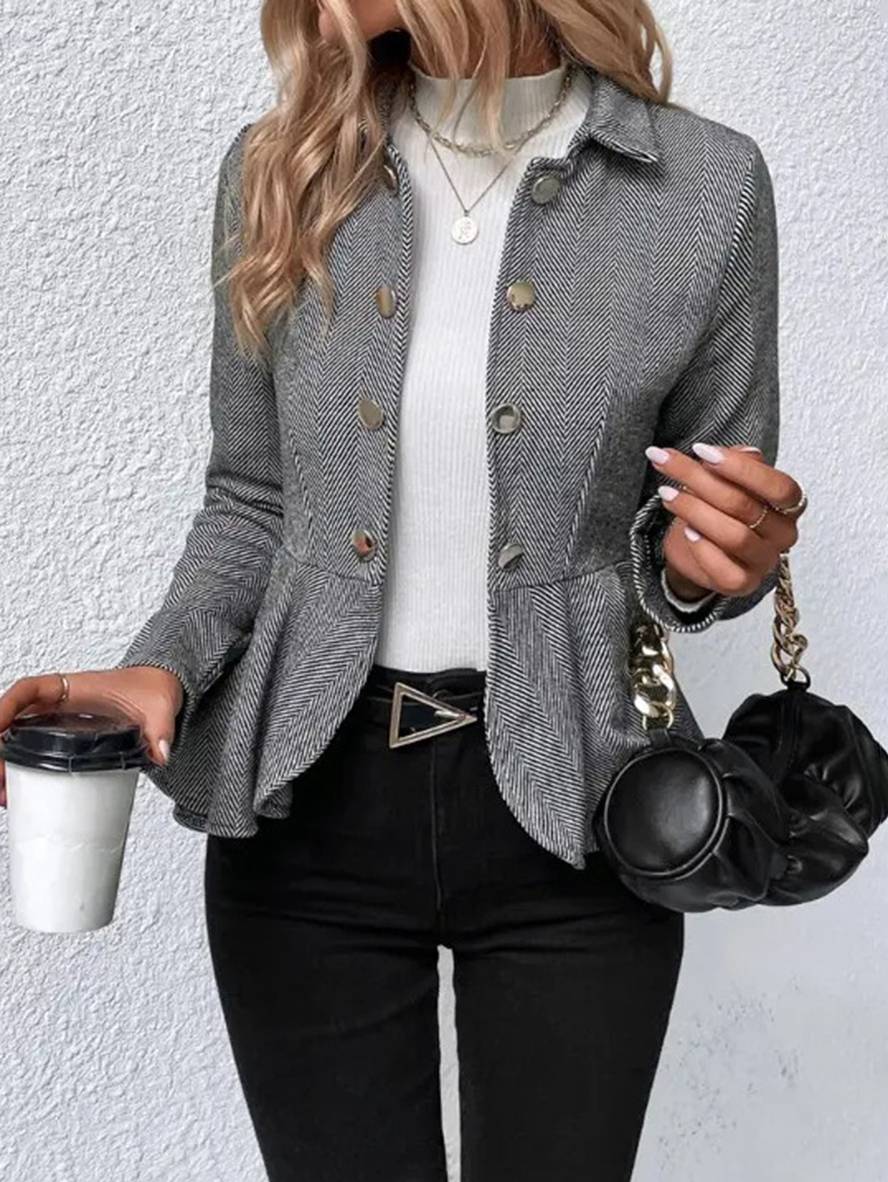 Levoire | Blazer Court En Chevron Peplum À Double Bouton Fermeture, Col Revers, Manches Longues, Femme, Élégant, Décontracté, Veste