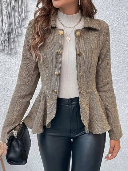 Levoire | Blazer Court En Chevron Peplum À Double Bouton Fermeture, Col Revers, Manches Longues, Femme, Élégant, Décontracté, Veste Chameau