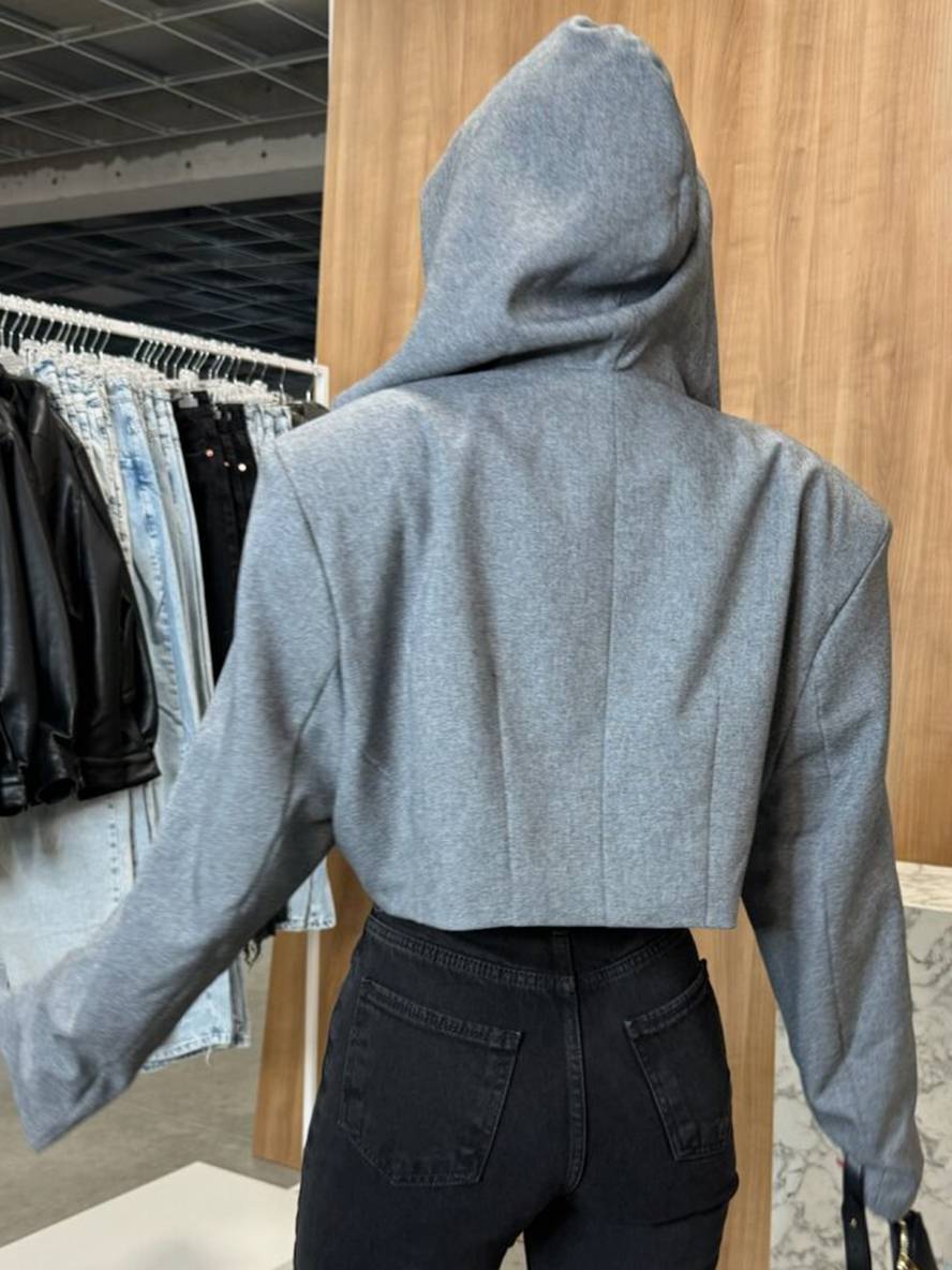 Levoire | Blazer Court Unicolore Avec Capuche Boutons Manches Longues Femmes Élégant Décontracté Veste