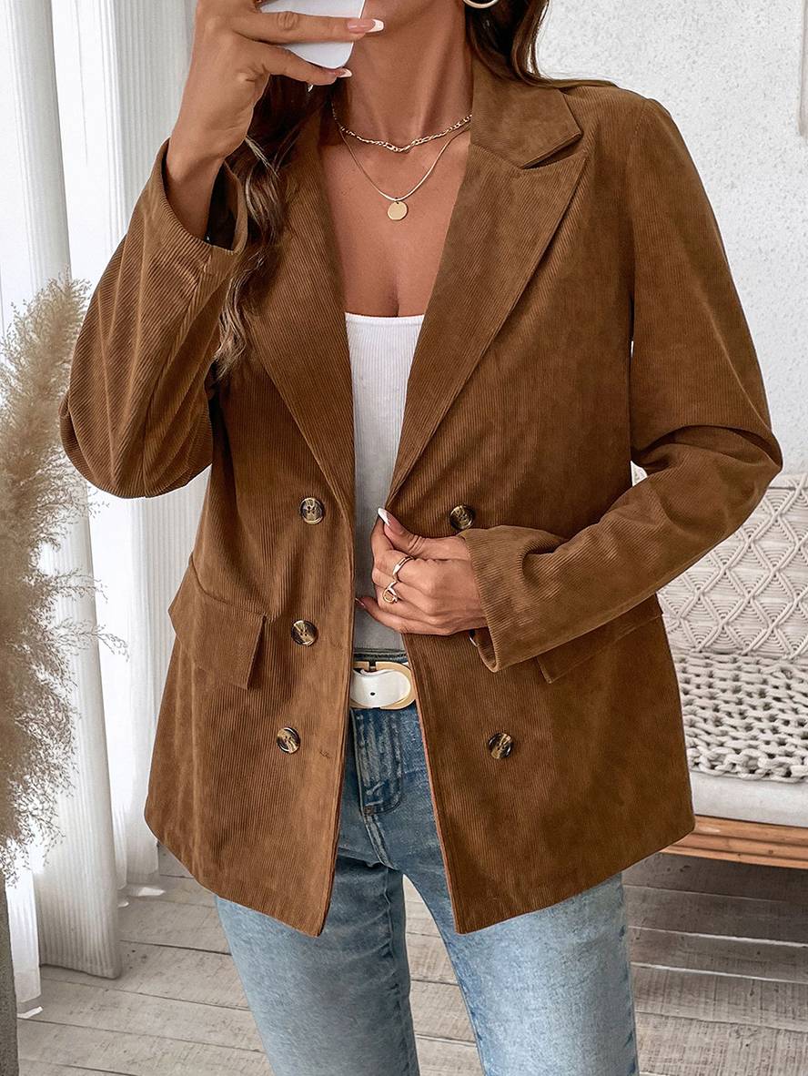 Levoire | Blazer Velours Côtelé Doppelreiher Poches Manches Longues Femme Élégant Décontracté Large Veste Café