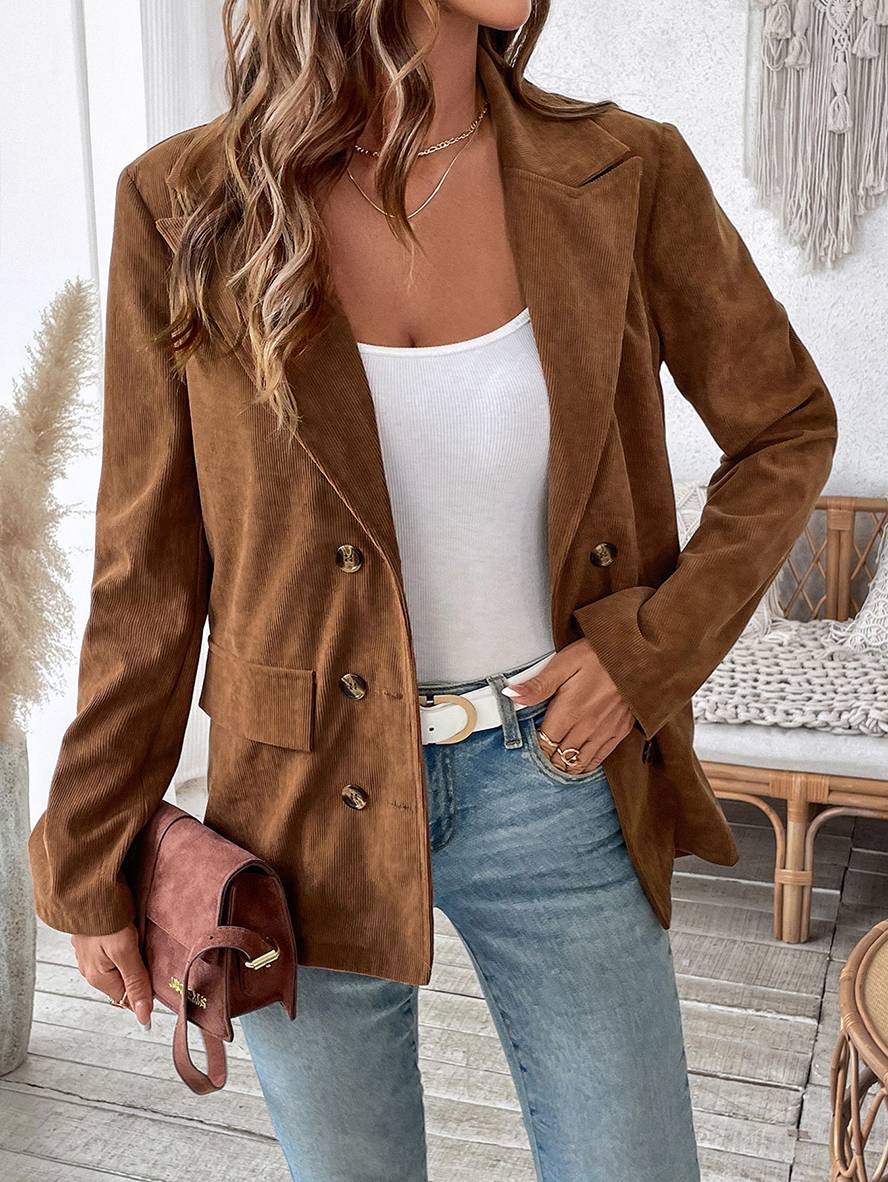Levoire | Blazer Velours Côtelé Doppelreiher Poches Manches Longues Femme Élégant Décontracté Large Veste