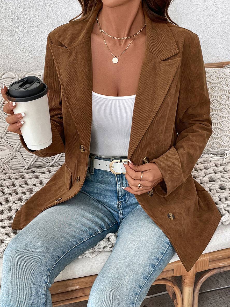 Levoire | Blazer Velours Côtelé Doppelreiher Poches Manches Longues Femme Élégant Décontracté Large Veste