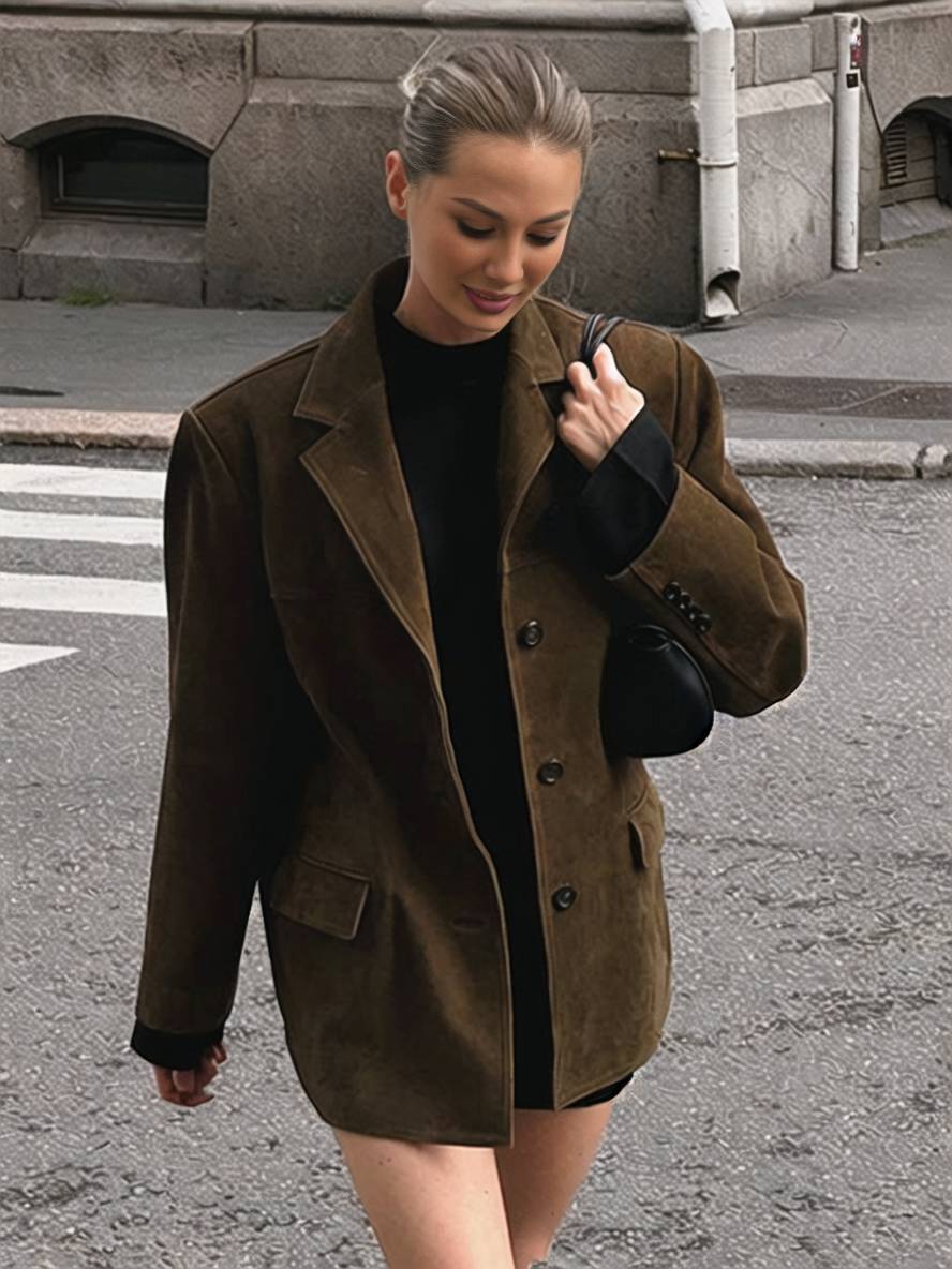 Levoire | Blazer Oversize En Daim À Boutons, Poches, Col Revers, Manches Longues, Élégant, Vintage, Décontracté, Femme Braun