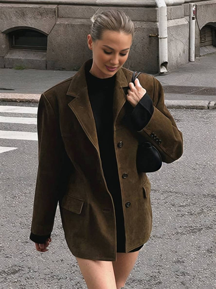 Levoire | Blazer Oversize En Daim À Boutons, Poches, Col Revers, Manches Longues, Élégant, Vintage, Décontracté, Femme Braun