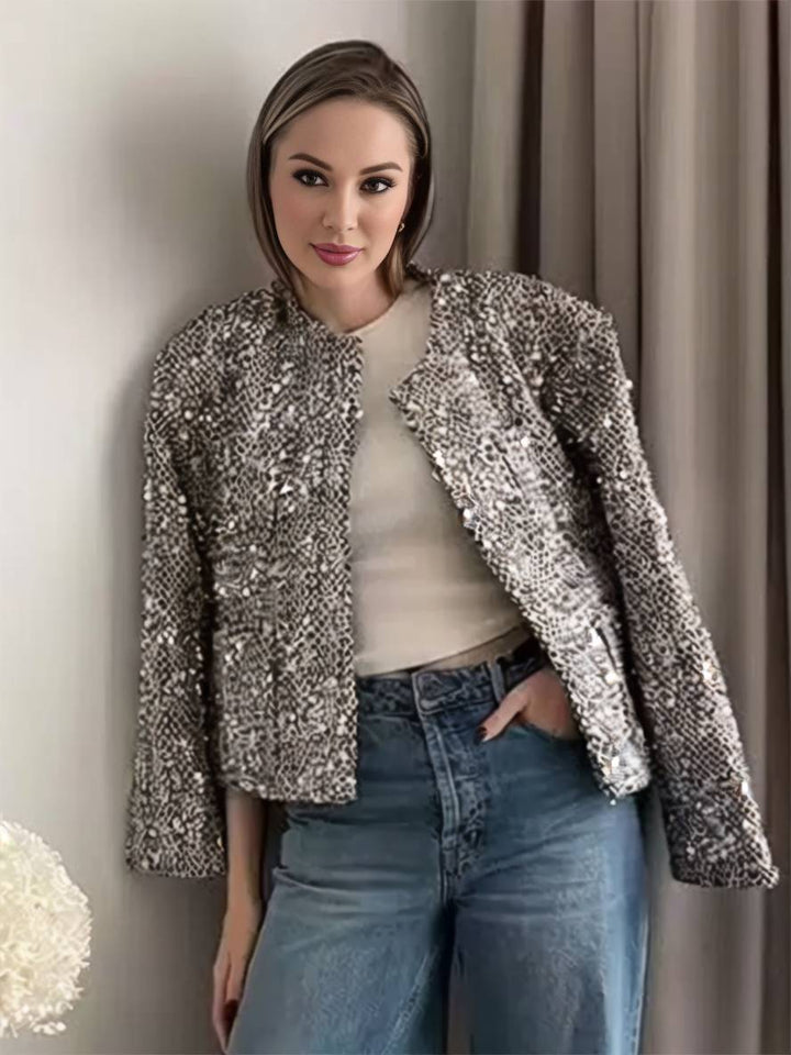Levoire | Blazer Tweed Brillant Paillettes Col Rond Poches Manches Longues Femme Élégant Décontracté Veste Argent