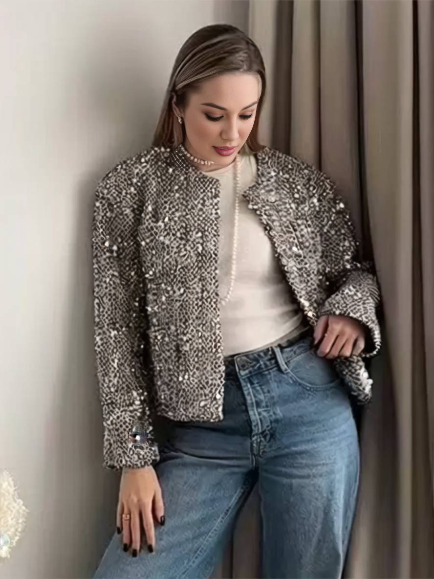 Levoire | Blazer Tweed Brillant Paillettes Col Rond Poches Manches Longues Femme Élégant Décontracté Veste